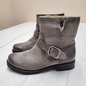 Frye Veronica gray leather sheepskin moto combat boots